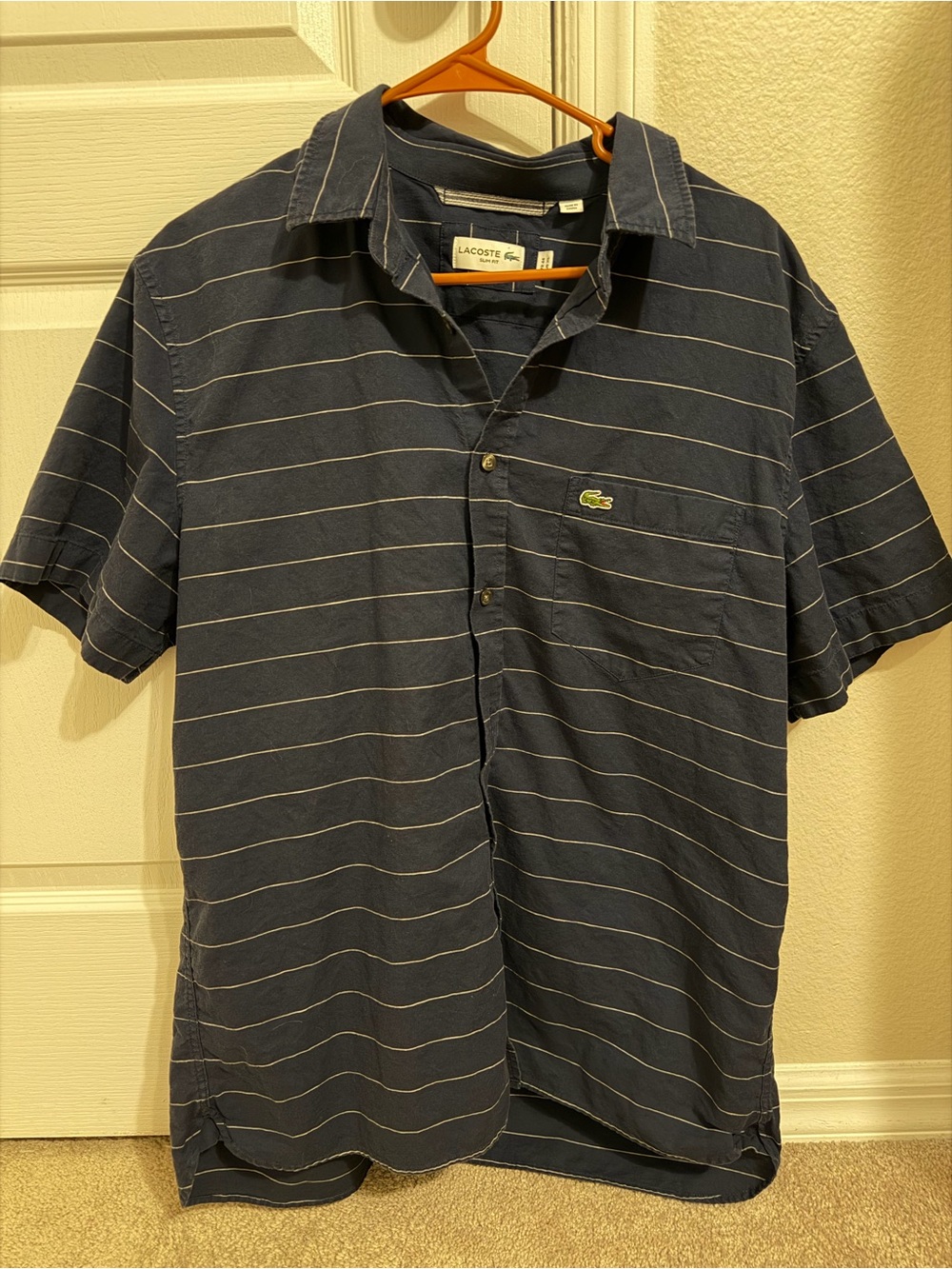 Lacoste Men’s polo slim fit Navy Stripe Short-Sleeve Button Shirt